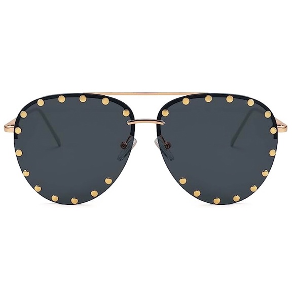 Gold Frame Black Oversized Studded Aviator Women Trendy Fashion Sunglasses - Picture 3 of 5